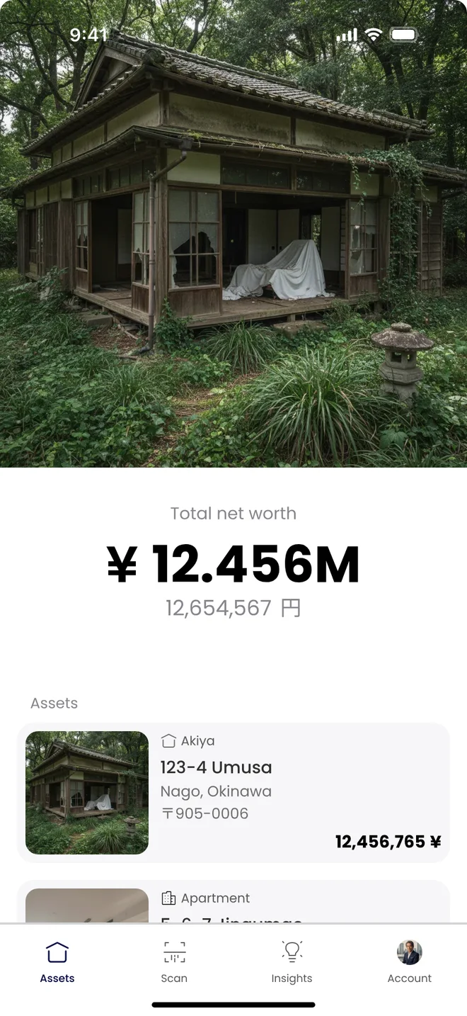 A photo-led version of the Assets tab, with a full-width image of an old Japanese house above the net worth