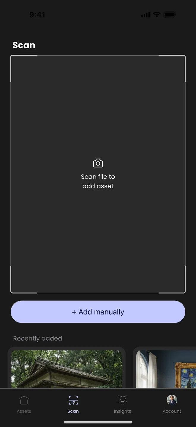 Scan tab in dark mode with a lavender Add manually button