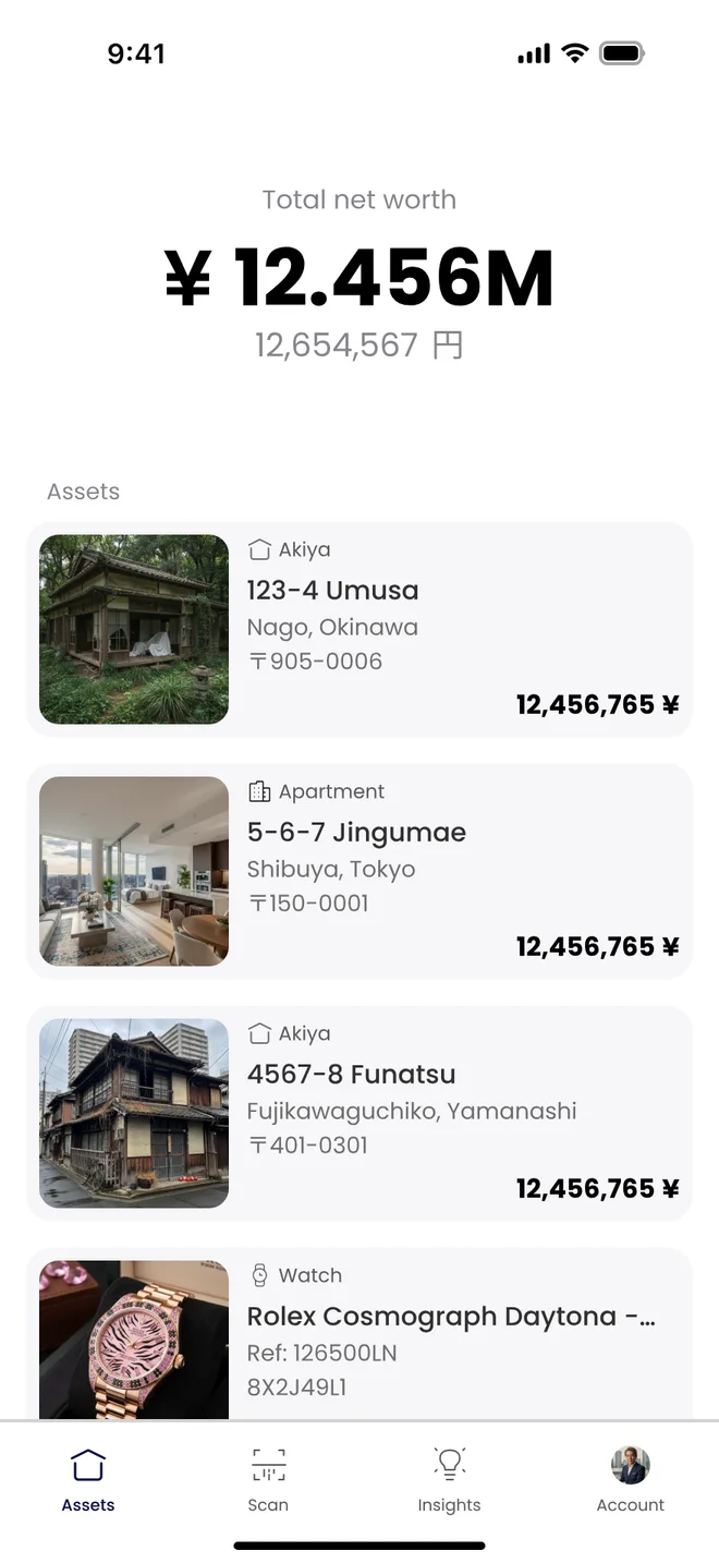 Assets tab: total net worth of ¥12.456M and asset cards for two akiya, an apartment and a watch