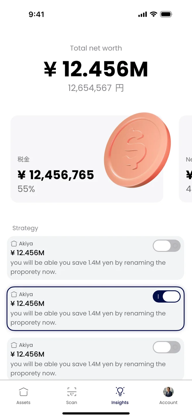 Insights tab: tax share of 55 percent next to next-generation share of 45 percent, and strategy cards with savings and on-off toggles